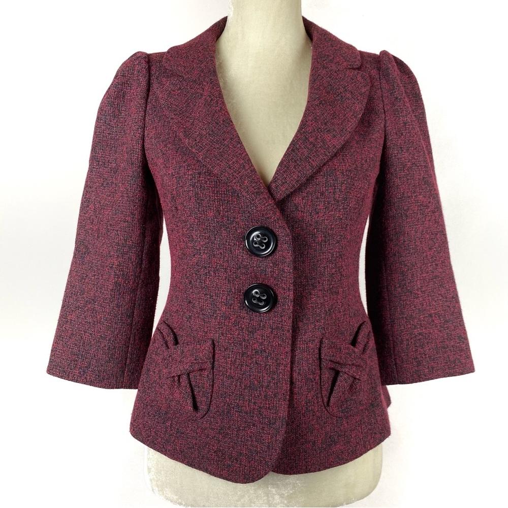 Classiques Entier Red & Black 3/4 Sleeve Tweed Blazer Size XS